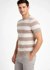 Erkek T-shirt Çizgili Triko Dokuma Bisiklet Yaka Tişört - Bej