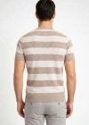 Erkek T-shirt Çizgili Triko Dokuma Bisiklet Yaka Tişört - Bej