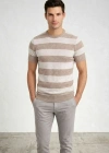 Erkek T-shirt Çizgili Triko Dokuma Bisiklet Yaka Tişört - Bej