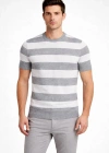 Erkek T-shirt Çizgili Triko Dokuma Bisiklet Yaka Tişört - Gri