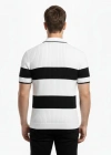 Erkek Çizgili Triko Dokuma Polo Yaka Yarım Fermuarlı Regular Kalıp Tişört - Beyaz