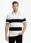 Erkek Çizgili Triko Dokuma Polo Yaka Yarım Fermuarlı Regular Kalıp Tişört - Beyaz