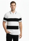 Erkek Çizgili Triko Dokuma Polo Yaka Yarım Fermuarlı Regular Kalıp Tişört - Beyaz