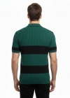 Erkek Çizgili Triko Dokuma Polo Yaka Yarım Fermuarlı Regular Kalıp Tişört - Çağla Yeşili