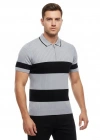 Erkek Çizgili Triko Dokuma Polo Yaka Yarım Fermuarlı Regular Kalıp Tişört - Gri
