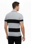 Erkek Çizgili Triko Dokuma Polo Yaka Yarım Fermuarlı Regular Kalıp Tişört - Gri