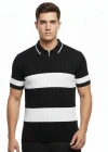 Erkek T-shirt Çizgili Triko Dokuma Kumaş Polo Yaka Yarım Fermuarlı Regular Kalıp Tişört - Siyah