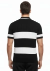 Erkek T-shirt Çizgili Triko Dokuma Kumaş Polo Yaka Yarım Fermuarlı Regular Kalıp Tişört - Siyah