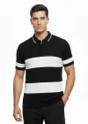 Erkek T-shirt Çizgili Triko Dokuma Kumaş Polo Yaka Yarım Fermuarlı Regular Kalıp Tişört - Siyah