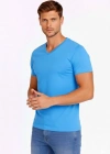 Erkek V Yaka Slim Fit dar kesim Likralı Tişört - Açık Mavi