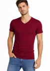 Erkek V Yaka Slim Fit dar kesim Likralı Tişört - Bordo