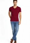 Erkek V Yaka Slim Fit dar kesim Likralı Tişört - Bordo
