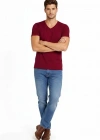 Erkek V Yaka Slim Fit dar kesim Likralı Tişört - Bordo