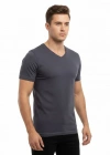 Erkek T-Shirt V Yaka Slim Fit dar kesim Likralı Tişört Günlük Basic Body - Füme