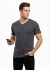 Erkek T-Shirt V Yaka Slim Fit dar kesim Likralı Tişört Günlük Basic Body - Füme