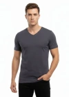 Erkek T-Shirt V Yaka Slim Fit dar kesim Likralı Tişört Günlük Basic Body - Füme
