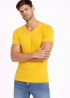 Erkek V Yaka Slim Fit dar kesim Likralı Tişört - Limon