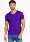 Erkek V Yaka Slim Fit dar kesim Likralı Tişört - Mor