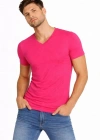 Erkek V Yaka Slim Fit dar kesim Likralı Tişört - Pembe