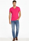 Erkek V Yaka Slim Fit dar kesim Likralı Tişört - Pembe