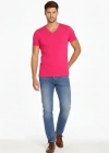 Erkek V Yaka Slim Fit dar kesim Likralı Tişört - Pembe
