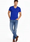 Erkek V Yaka Slim Fit dar kesim Likralı Tişört - Saks Mavisi