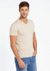 Erkek V Yaka Slim Fit dar kesim Likralı Tişört - Taş