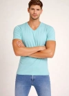 Erkek V Yaka Slim Fit dar kesim Likralı Tişört - Turkuvaz
