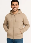 Erkek Üç İplik Kapüşonlu Tam Fermuarlı Kanguru Çepli SweatShirt Hoodie - Bej