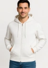 Erkek Üç İplik Kapüşonlu Tam Fermuarlı Kanguru Cepli SweatShirt Hoodie - Beyaz