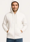 Erkek Üç İplik Kapüşonlu Tam Fermuarlı Kanguru Cepli SweatShirt Hoodie - Beyaz
