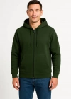 Erkek Üç İplik Kapüşonlu Tam Fermuarlı Kanguru Cepli Sweatshirt Hoodie - Haki