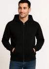 Erkek Üç İplik Kapüşonlu Tam Fermuarlı Kanguru Çepli SweatShirt Hoodie - Siyah