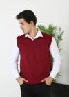 Erkek V Yaka Kolsuz Süveter Triko Kazak yumuşak dokulu Pamuklu ince Dokuma Regular - Bordo