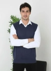 Erkek V Yaka Kolsuz Süveter Triko Kazak yumuşak dokulu Pamuklu ince Dokuma - Lacivert