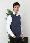 Erkek V Yaka Kolsuz Süveter Triko Kazak yumuşak dokulu Pamuklu ince Dokuma - Lacivert
