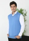 Erkek V Yaka Kolsuz Süveter Triko Kazak yumuşak dokulu Pamuklu ince Dokuma Regular - Mavi