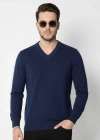 Erkek V Yaka Triko Kazak yumuşak dokulu Pamuklu ince Dokuma uzun kollu Regular - Lacivert