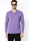 Erkek V Yaka Triko Kazak yumuşak dokulu Pamuklu ince Dokuma, uzun kollu Rahat Regular kalıp - Mor