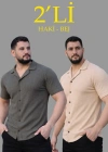 Erkek Waffle Dokuma Açık Yakalı Düğmeli Regular Kalıp 2’li Gömlek Seti - Haki & Bej