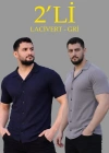 Erkek Waffle Dokuma Açık Yakalı Düğmeli Regular Kalıp 2’li Gömlek Seti - Lacivert & Gri