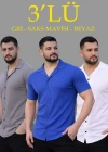 Erkek Waffle Dokuma Açık Yakalı Düğmeli Regular Kalıp 3’lü Gömlek Seti - Gri, Saks Mavisi, Beyaz