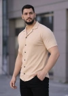 Erkek Waffle Kumaş Kısa Kollu Düğmeli Açık Yaka Regular Fit Gömlek - Bej