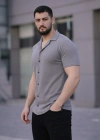 Erkek Waffle Kumaş Kısa Kollu Düğmeli Açık Yaka Regular Fit Gömlek - Gri
