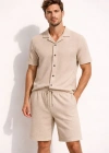 Erkek Waffle Kısa Kollu Gömlek Şort Takım Regular Fit İkili Set - Bej