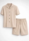 Erkek Waffle Kısa Kollu Gömlek Şort Takım Regular Fit İkili Set - Bej