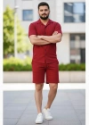 Erkek Waffle Kısa Kollu Gömlek Şort Takım Regular Fit İkili Set - Bordo