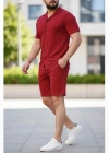 Erkek Waffle Kısa Kollu Gömlek Şort Takım Regular Fit İkili Set - Bordo