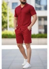 Erkek Waffle Kısa Kollu Gömlek Şort Takım Regular Fit İkili Set - Bordo