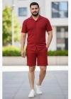Erkek Waffle Kısa Kollu Gömlek Şort Takım Regular Fit İkili Set - Bordo